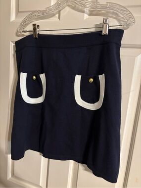 Navy Midi Knit Skirt with White Trim Pocket Accents